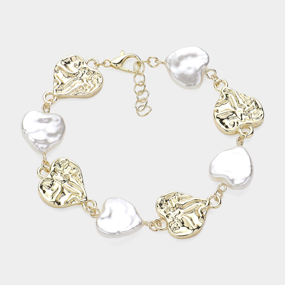 Pearl Heart Hammered Meatal Heart Station Bracelet