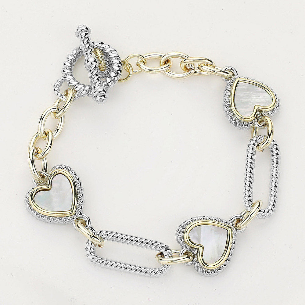 Madeline Love Mother of Pearl, Two Tone 14K Gold Plated Mother Of Pearl Heart Textured Link Toggle Bracelet