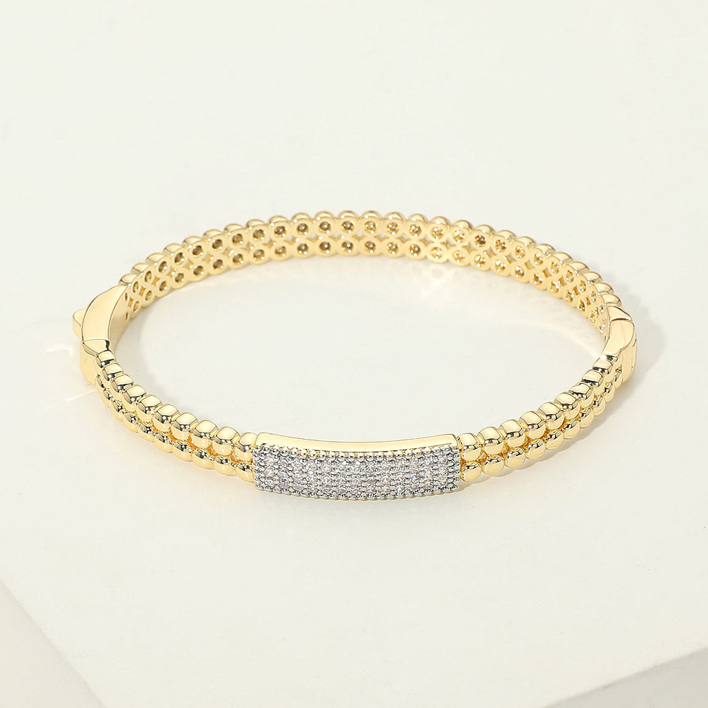 Madeline Love Gold 14K Gold Plated CZ Pave Bar Accent Beaded Hinged Bangle Bracelet