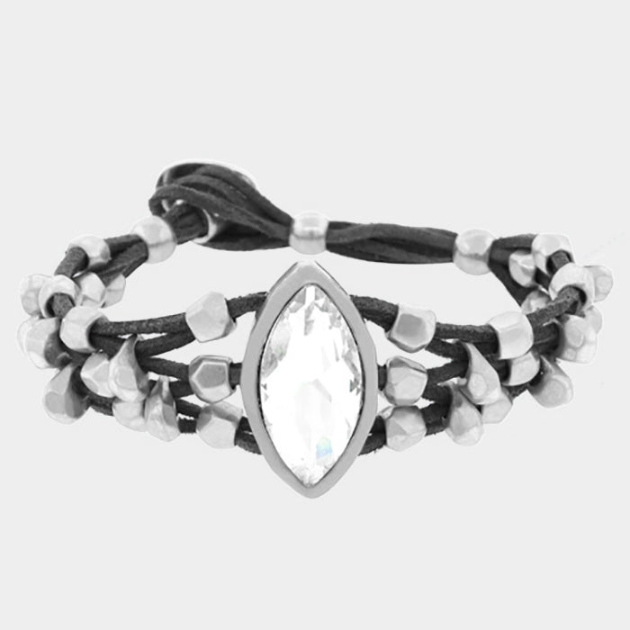 Madeline Love Black, Clear, Matte Silver Crystal Accented Chunky Metal Bead Suede Bracelet - Bracelets