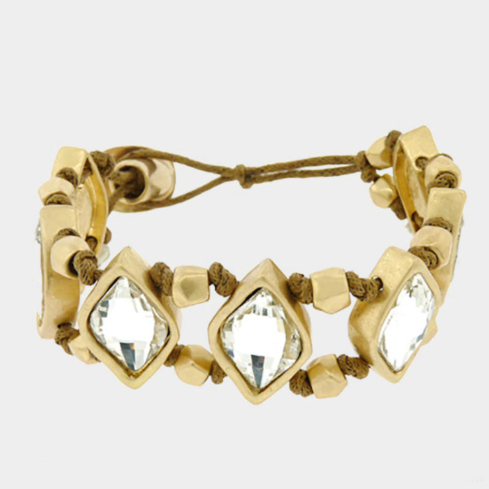 Madeline Love Worn Gold Triple Crystal Chunky Metal Bead Suede Bracelet - Bracelets