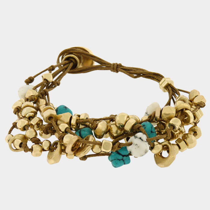 Madeline Love Worn Gold Abstract Metal Bead Stone Cluster Suede Bracelet - Bracelets