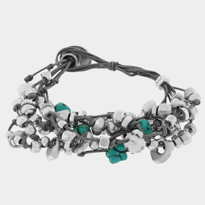 Madeline Love Worn Silver Abstract Metal Bead Stone Cluster Suede Bracelet - Bracelets