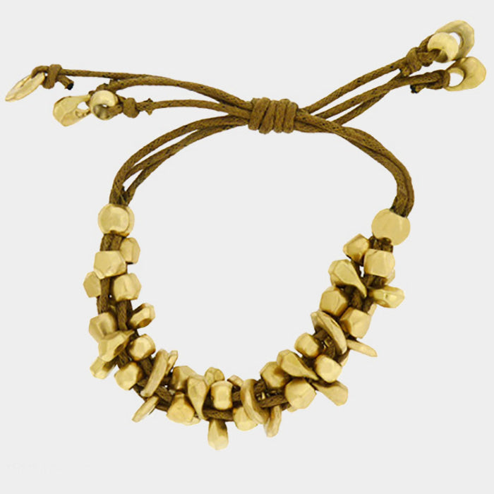 Madeline Love Brown, Matte gold Chunky Metal Bead Coated Cord Adjustable Cinch Pull Tie Bracelet - Bracelets