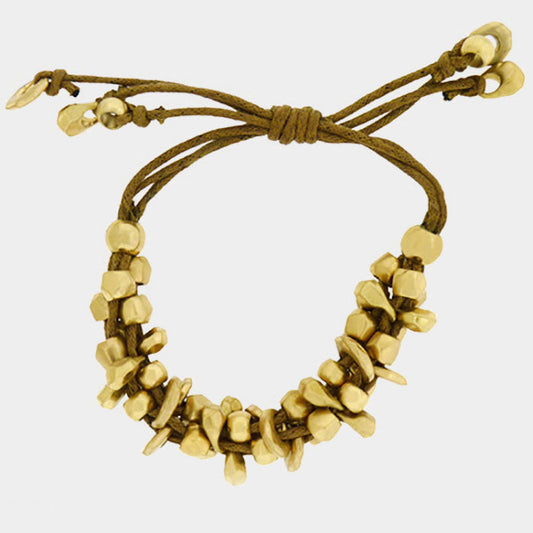 Madeline Love Brown, Matte gold Chunky Metal Bead Coated Cord Adjustable Cinch Pull Tie Bracelet - Bracelets