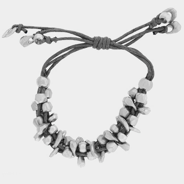 Madeline Love Black, Worn Silver Chunky Metal Bead Coated Cord Adjustable Cinch Pull Tie Bracelet - Bracelets