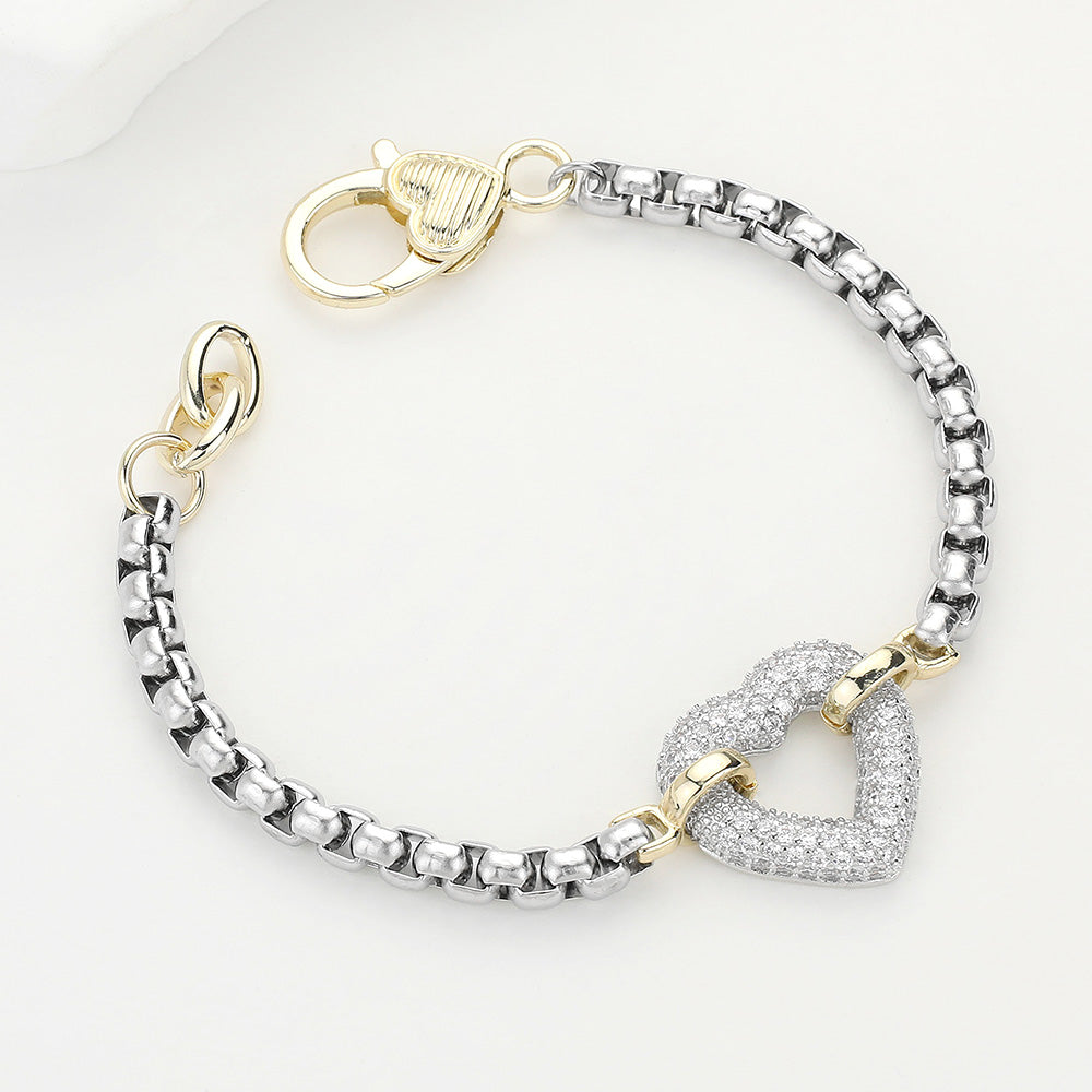 14K Gold Plated Two Tone CZ Stone Paved Open Heart Accented Bracelet - Two Tone - Bracelets