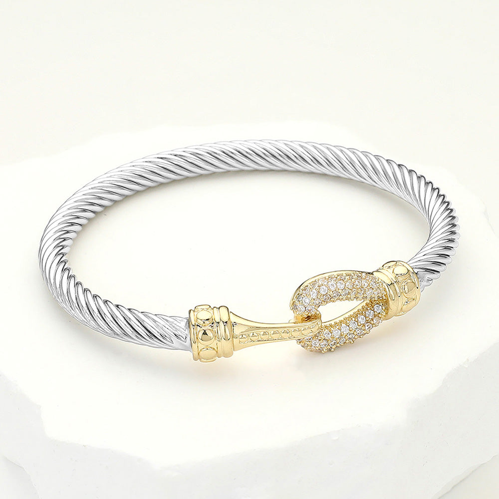 Madeline Love Two Tone CZ Stone Paved Hook Pointed Twisted Metal Bangle Bracelet - Bracelets