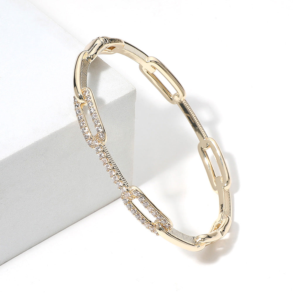 Madeline Love Gold CZ Stone Paved Paperclip Chain Hinged Bangle Bracelet