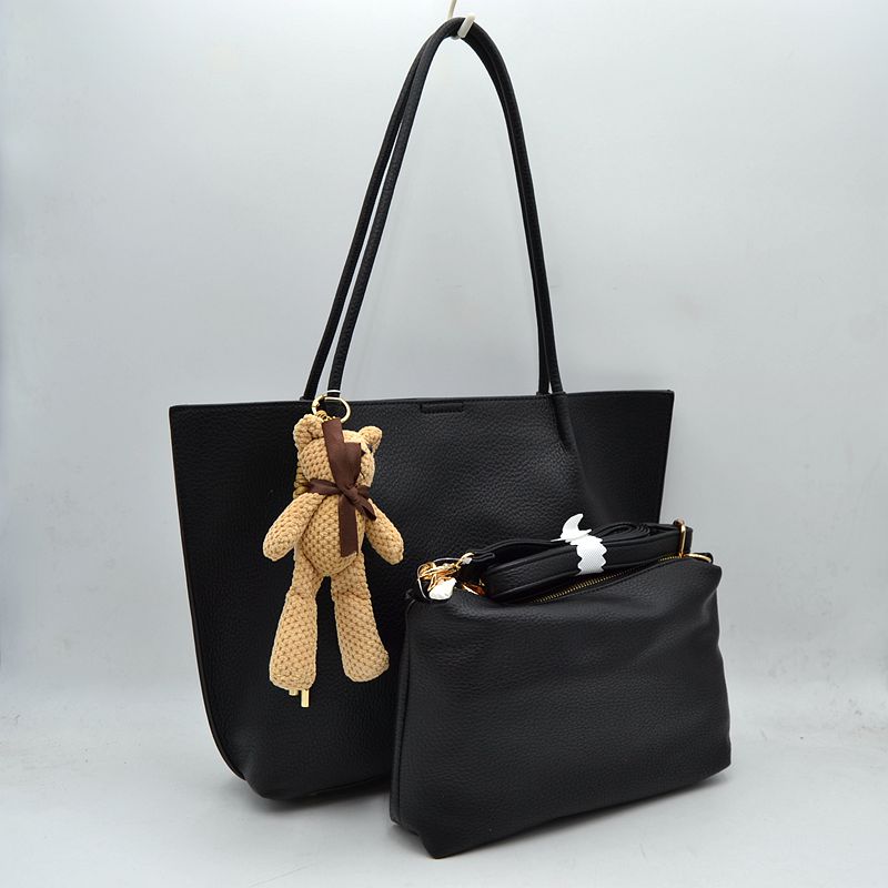 Pebbled Tote Bag with Dual Long Handles and Bear Charm Accent - Black - Tote Bag