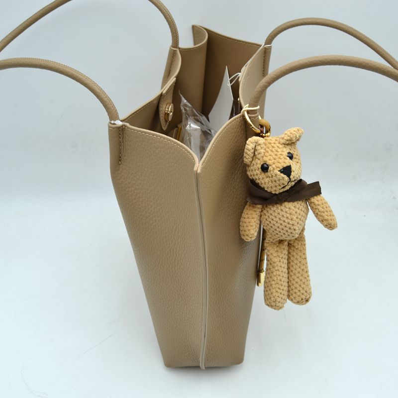 Pebbled Tote Bag with Dual Long Handles and Bear Charm Accent - Tote Bag