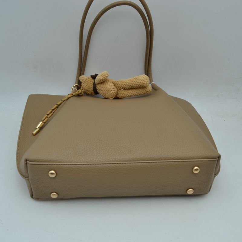 Pebbled Tote Bag with Dual Long Handles and Bear Charm Accent - Tote Bag