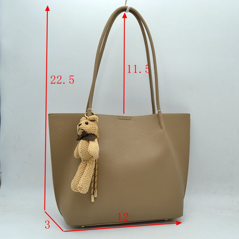 Pebbled Tote Bag with Dual Long Handles and Bear Charm Accent - Tote Bag