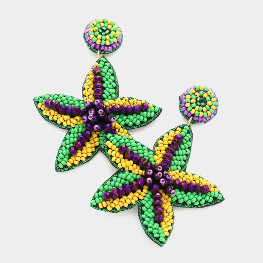 Multi Mardi Gras Seed Beaded Starfish Dangle Earrings