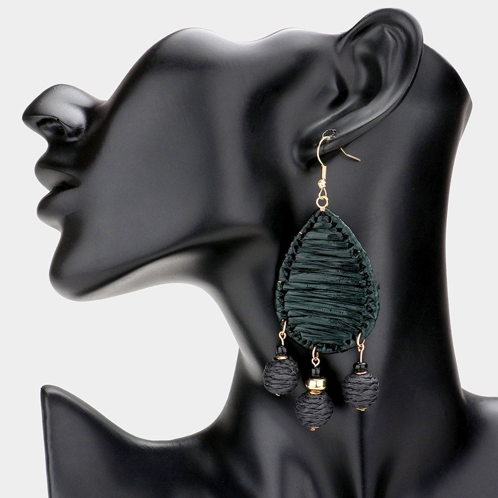 Madeline Love Black Raffia Wrapped Teardrop Triple Ball Link Dangle Earrings
