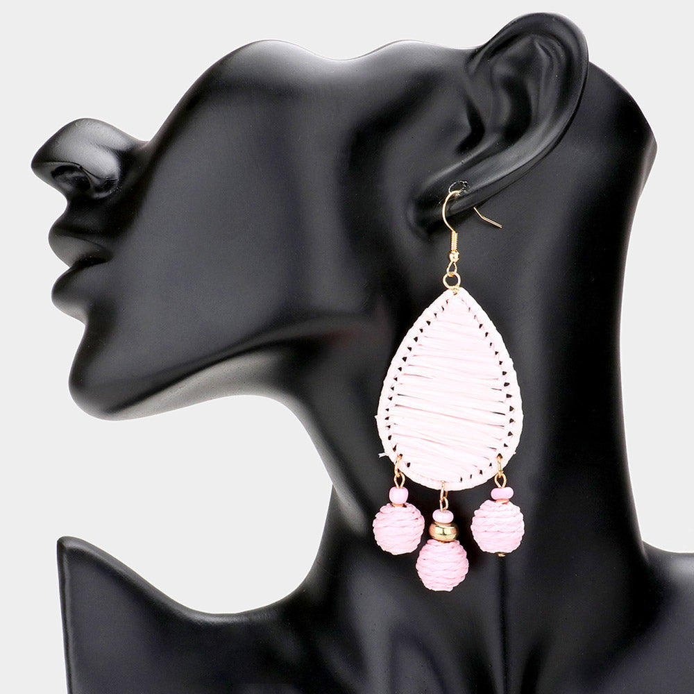 Madeline Love Pink Raffia Wrapped Teardrop Triple Ball Link Dangle Earrings