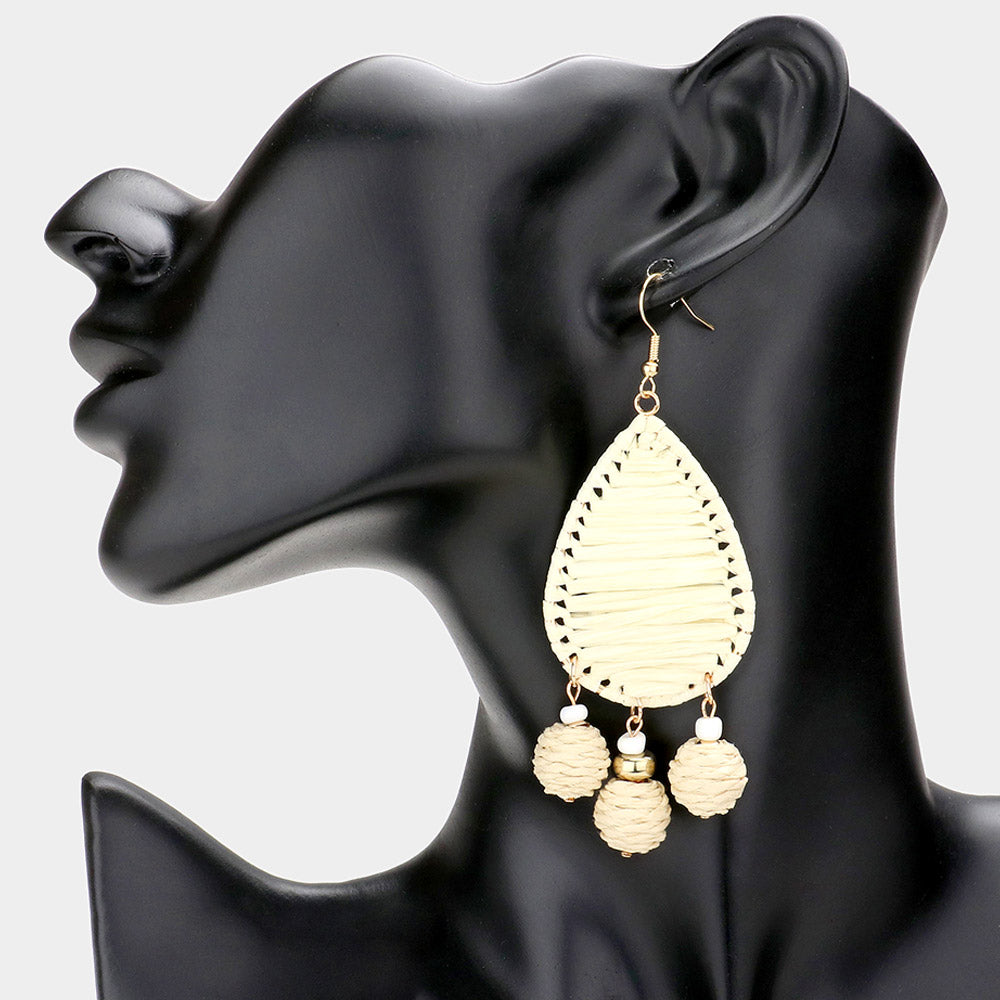 Madeline Love Ivory Raffia Wrapped Teardrop Triple Ball Link Dangle Earrings