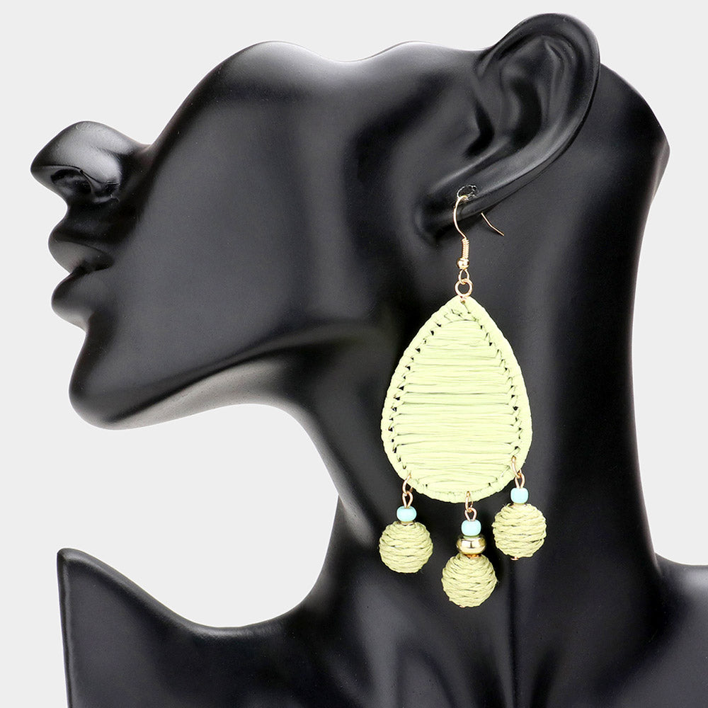 Madeline Love Mint Raffia Wrapped Teardrop Triple Ball Link Dangle Earrings