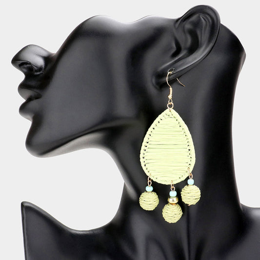 Madeline Love Mint Raffia Wrapped Teardrop Triple Ball Link Dangle Earrings