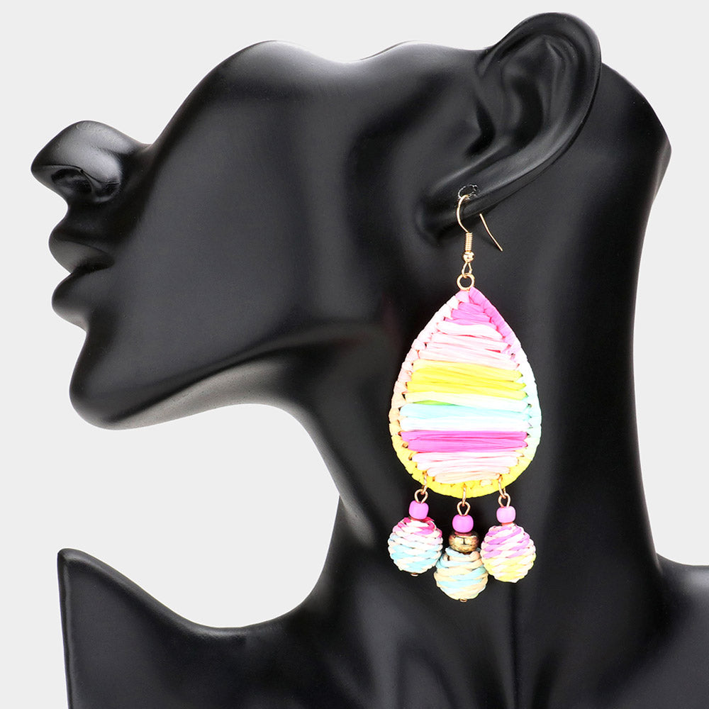 Madeline Love Multi Raffia Wrapped Teardrop Triple Ball Link Dangle Earrings