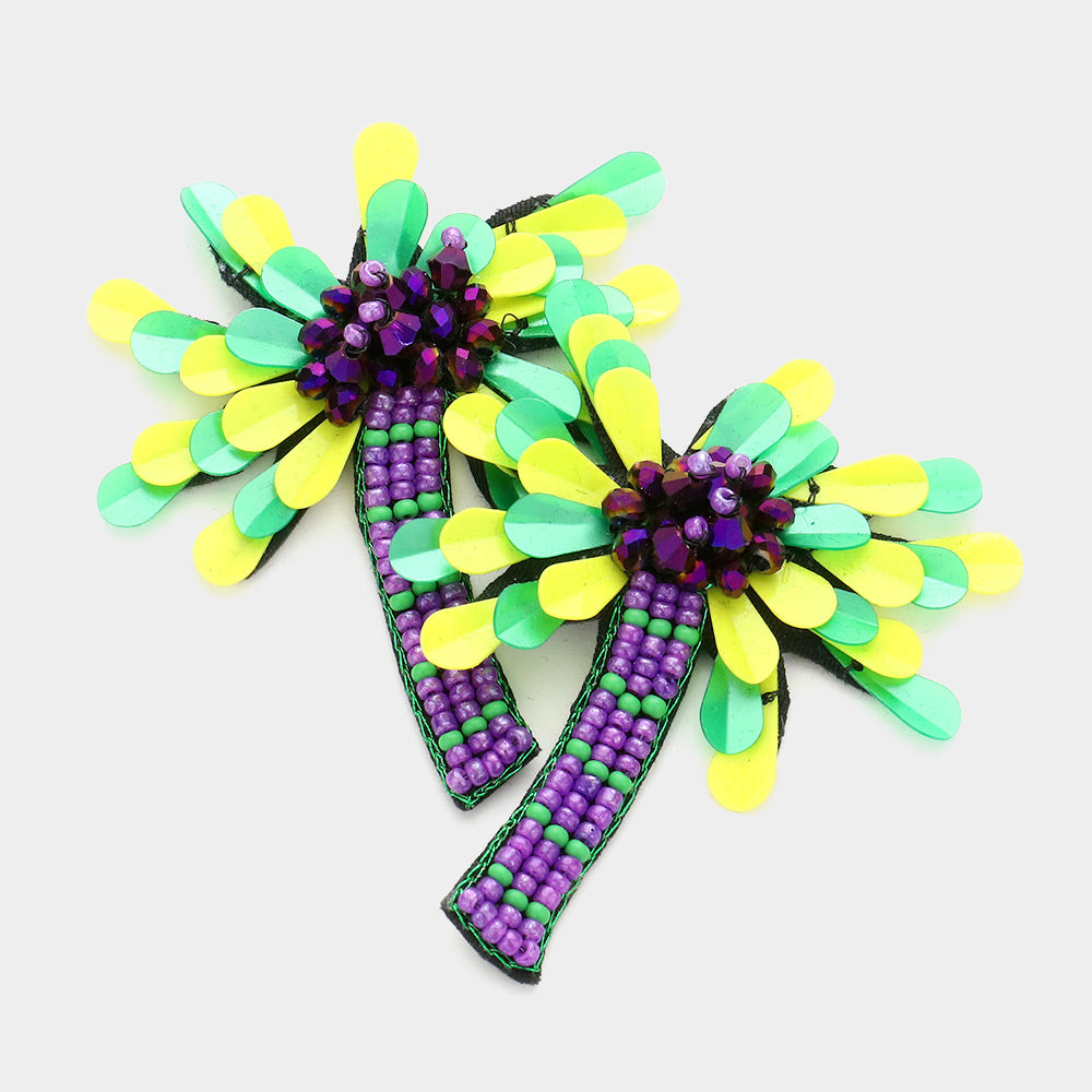 Multi Mardi Gras Beaded Palm Tree Earrings