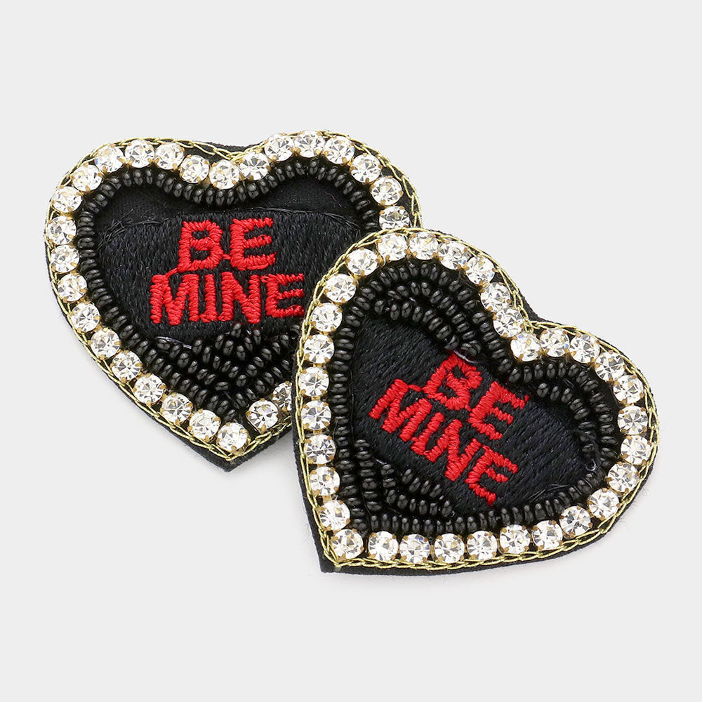 Felt Back BE MINE Message Embroidered Seed Bead Stone Embellished Earrings - Black - Earrings