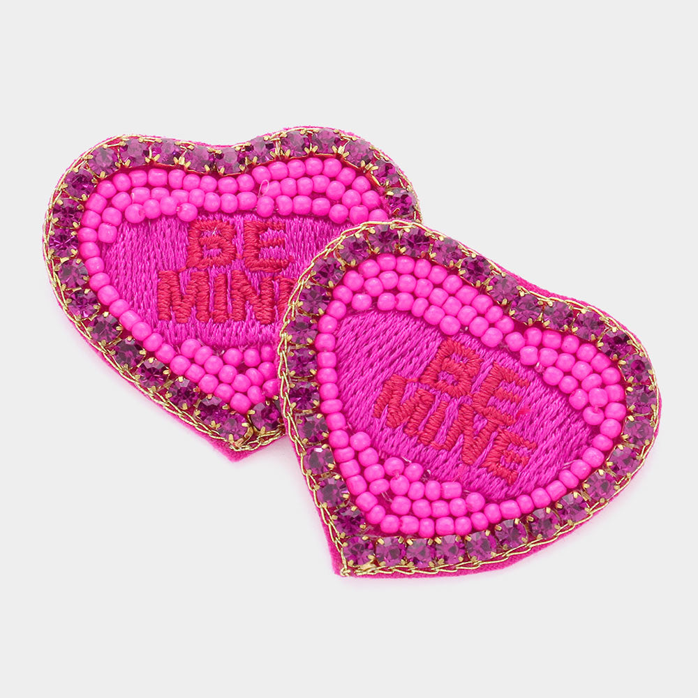 Felt Back BE MINE Message Embroidered Seed Bead Stone Embellished Earrings - Fuchsia - Earrings