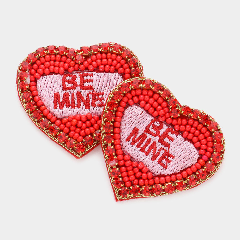 Felt Back BE MINE Message Embroidered Seed Bead Stone Embellished Earrings - Red - Earrings