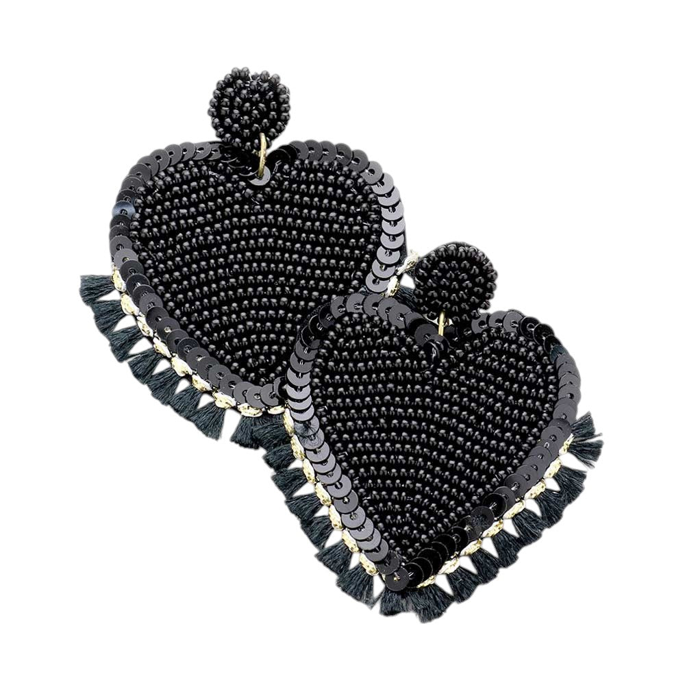 Seed Bead Heart Tassel Trim Earrings - Black - Earrings