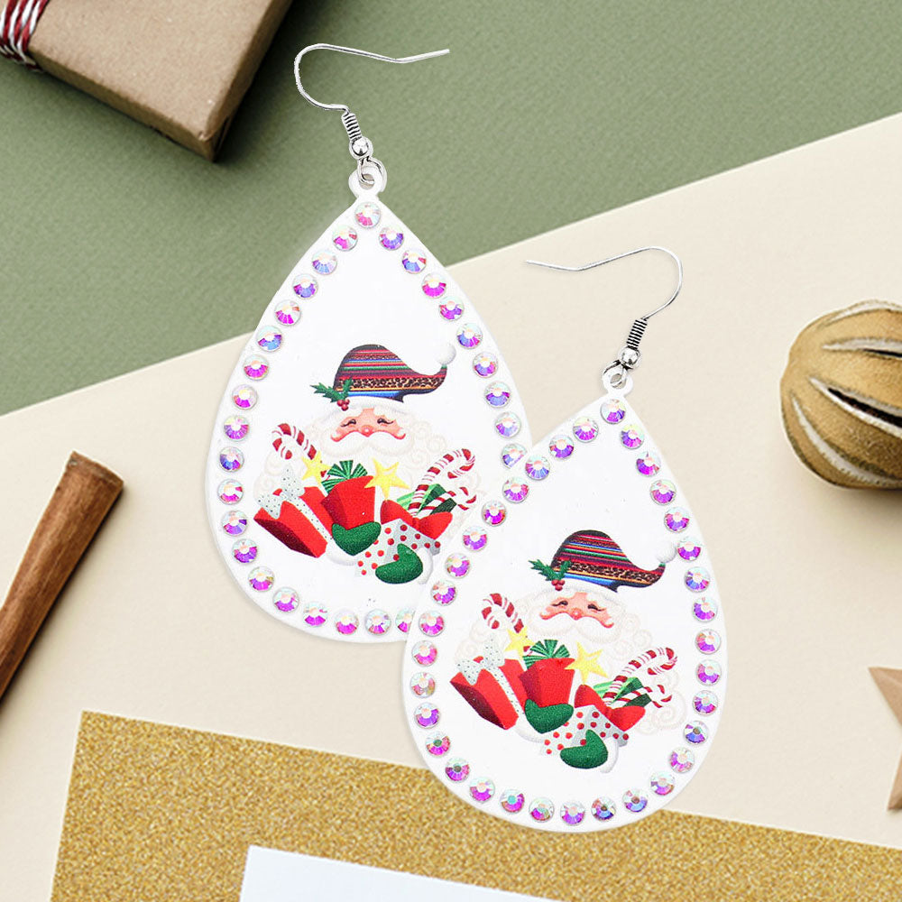Madeline Love White Stone Trim Santa Claus Xmas Gift Serape Print Metal Teardrop Dangle Earrings
