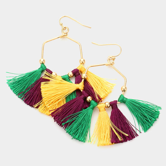 Multi, Worn Gold Mardi Gras Open Metal Hexagon Tassel Fringe Dangle Earrings