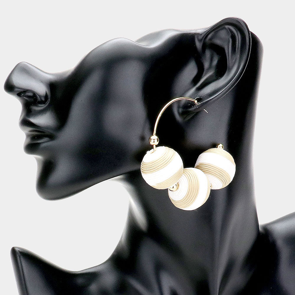 Madeline Love Beige Two Tone Thread Wrapped Triple Ball Metal Half Hoop Earrings
