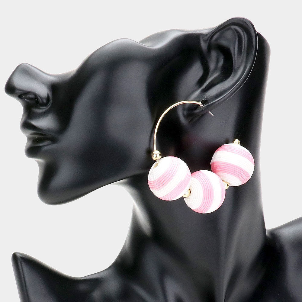 Madeline Love Dust Pink Two Tone Thread Wrapped Triple Ball Metal Half Hoop Earrings