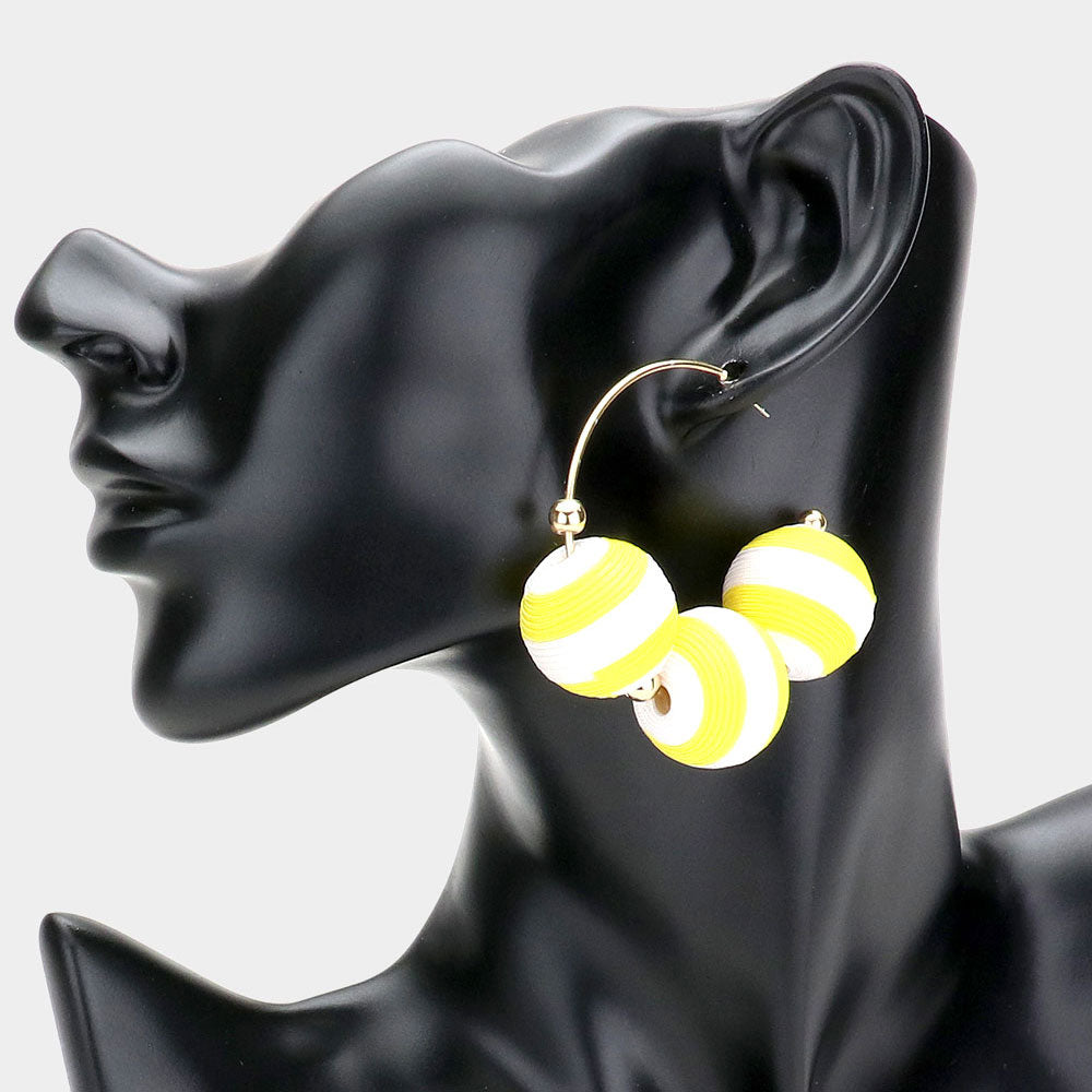 Madeline Love Yellow Two Tone Thread Wrapped Triple Ball Metal Half Hoop Earrings