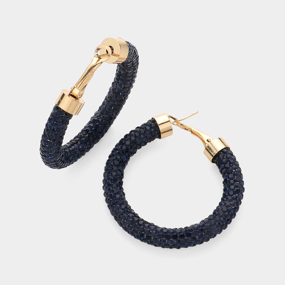 Madeline Love Navy Clear Stone Detail Rhinestone Pave Half Hoop Earrings