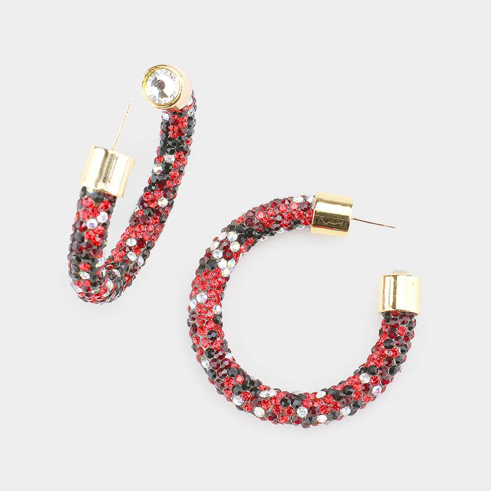 Madeline Love Multi, Red Clear Stone Detail Rhinestone Pave Half Hoop Earrings