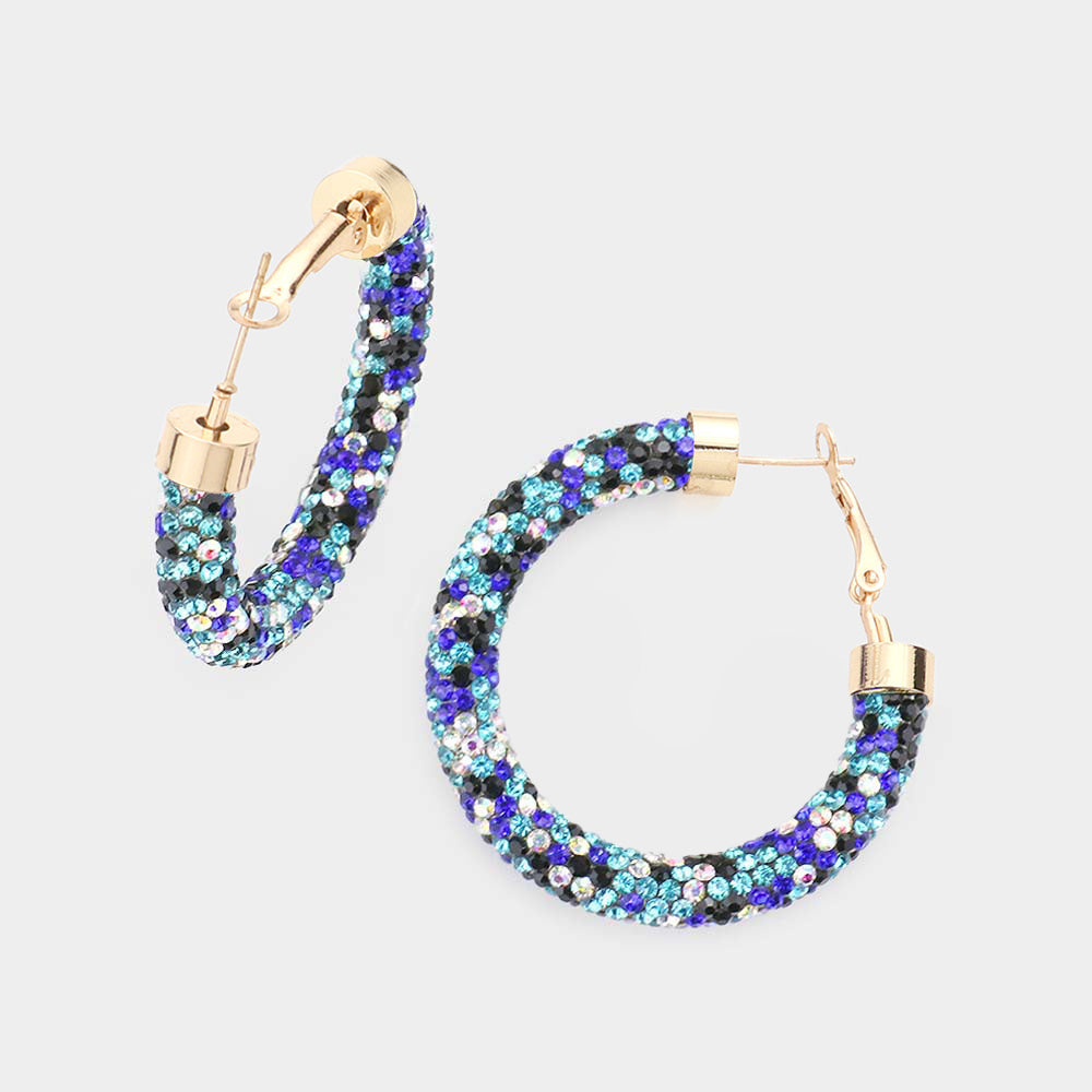 Madeline Love Blue, Multi Clear Stone Detail Rhinestone Pave Half Hoop Earrings