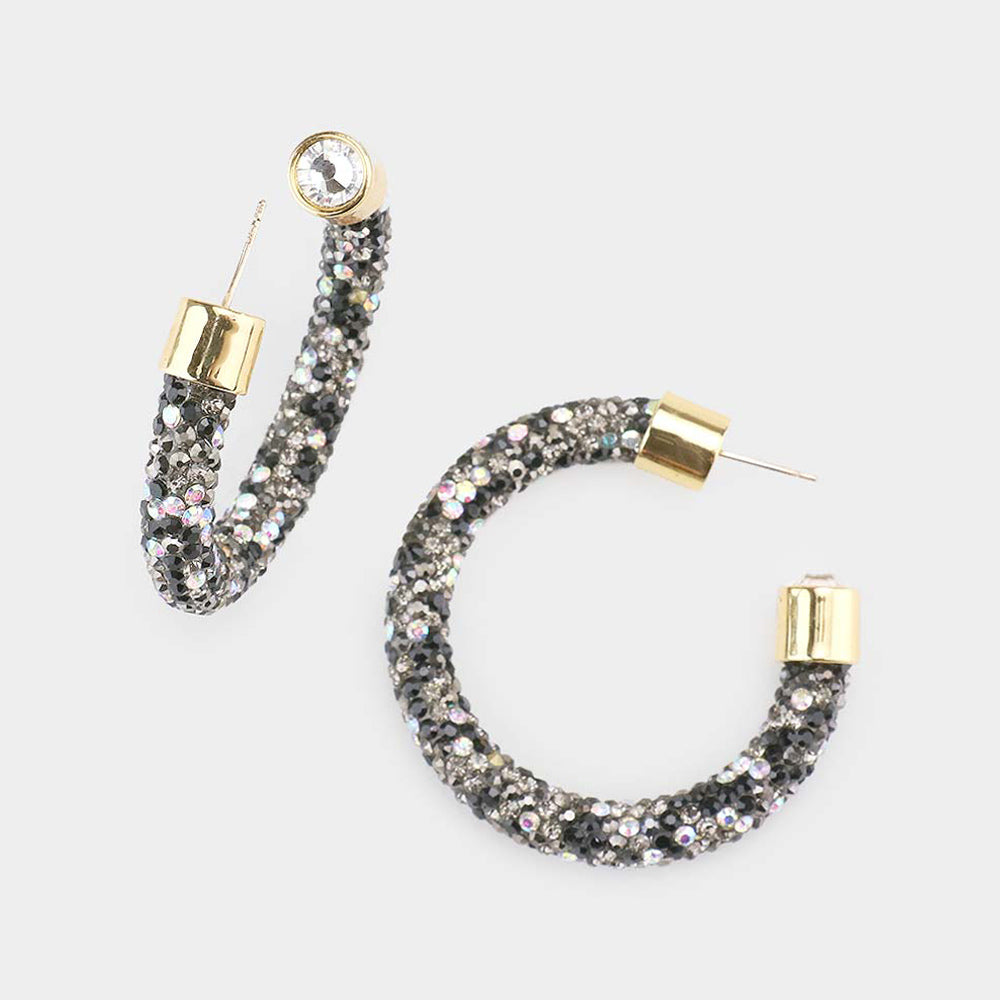 Madeline Love Black, Multi Clear Stone Detail Rhinestone Pave Half Hoop Earrings