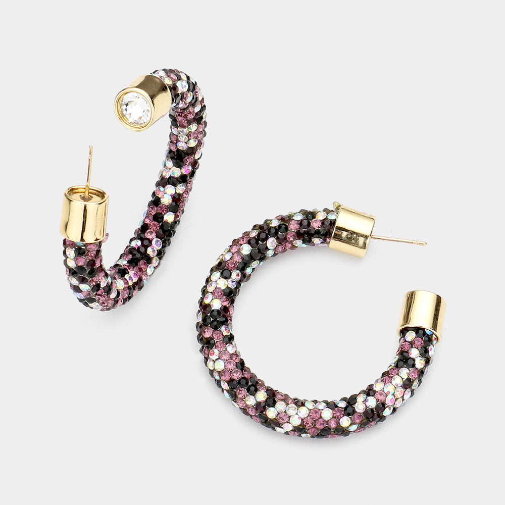 Madeline Love Amethyst , Multi Clear Stone Detail Rhinestone Pave Half Hoop Earrings