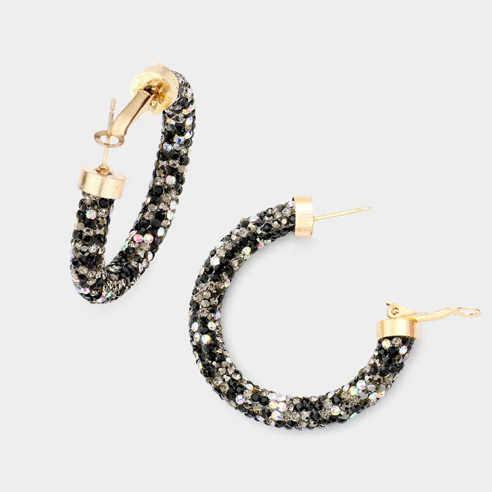 Madeline Love Jet Black Clear Stone Detail Rhinestone Pave Half Hoop Earrings