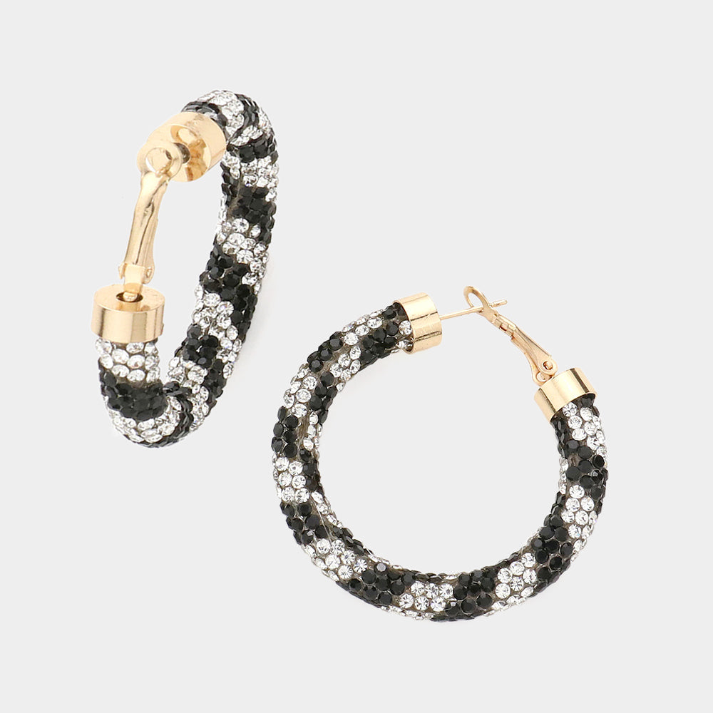 Madeline Love Black, White Clear Stone Detail Rhinestone Pave Half Hoop Earrings