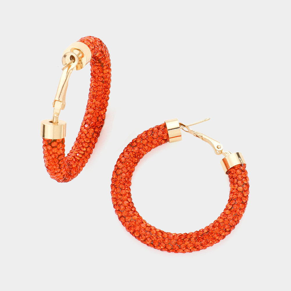 Madeline Love Orange Clear Stone Detail Rhinestone Pave Half Hoop Earrings