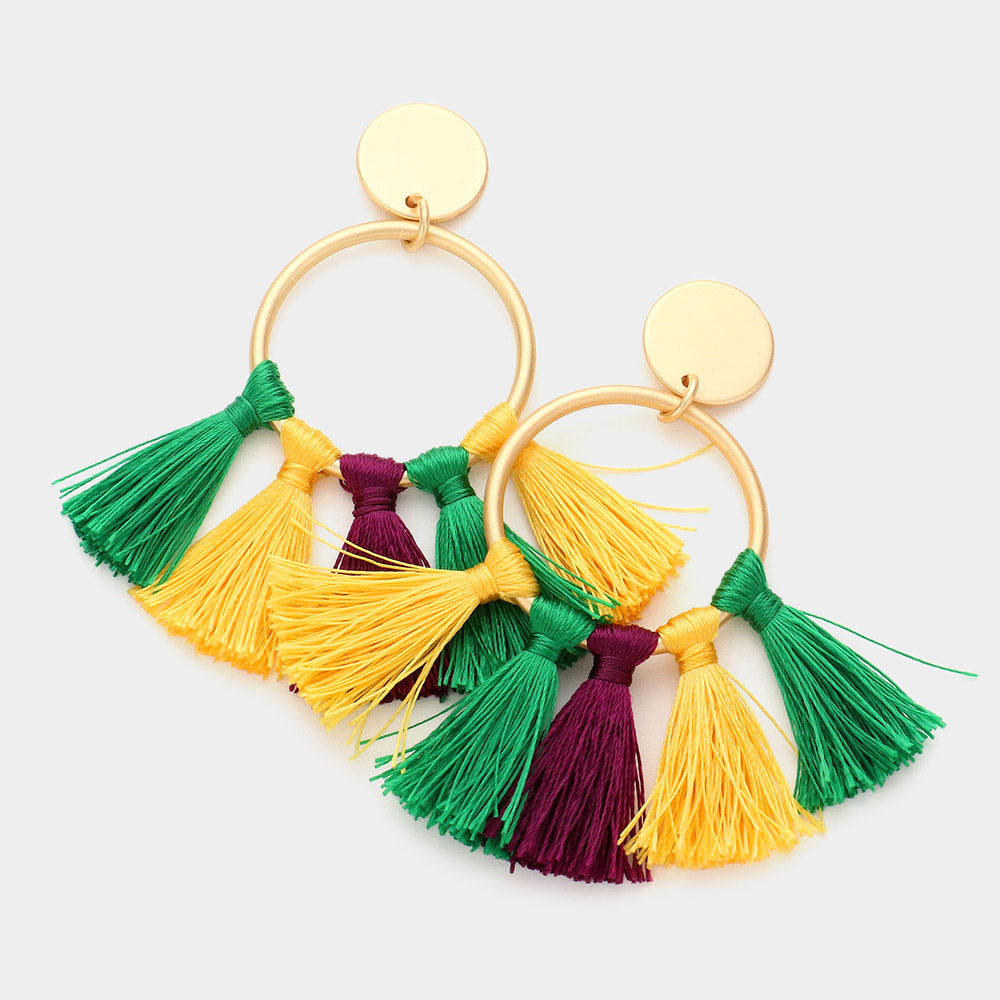 Matte gold, Multi Mardi Gras Open Metal Circle Tassel Fringe Dangle Earrings