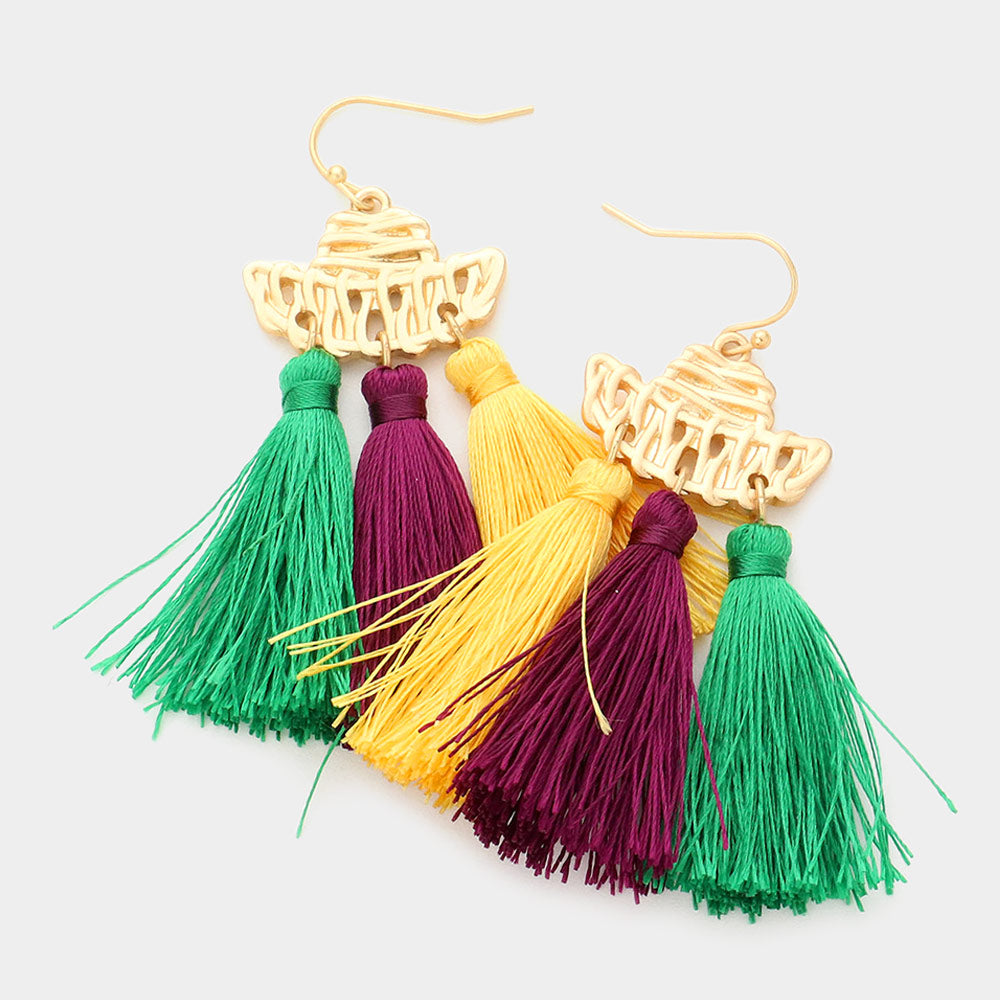 Matte gold, Multi Mardi Gras Metal Hat Triple Tassel Link Dangle Earrings