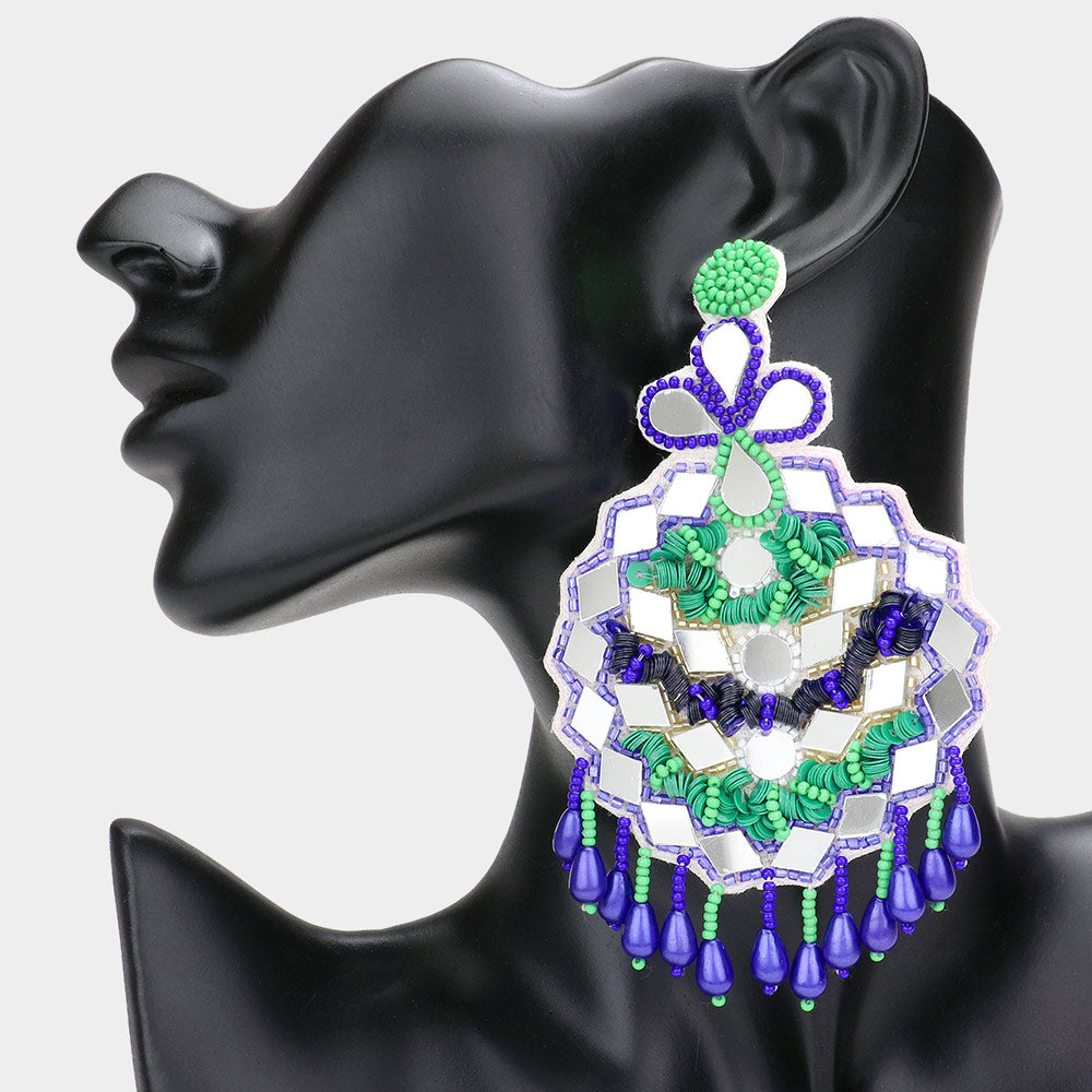 Madeline Love Blue Faux Leather Back Mirror Boho Sequin Seed Beaded Dangle Earrings