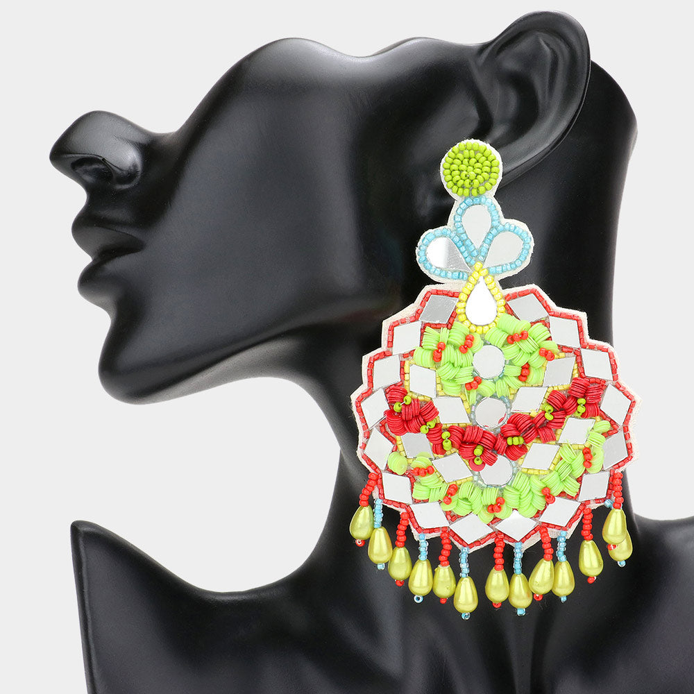 Madeline Love Red Faux Leather Back Mirror Boho Sequin Seed Beaded Dangle Earrings