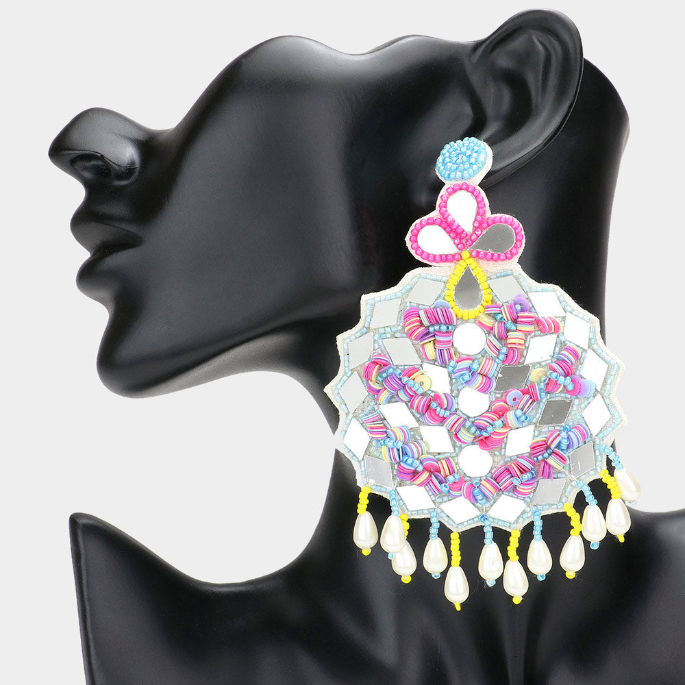 Madeline Love Turquoise Faux Leather Back Mirror Boho Sequin Seed Beaded Dangle Earrings