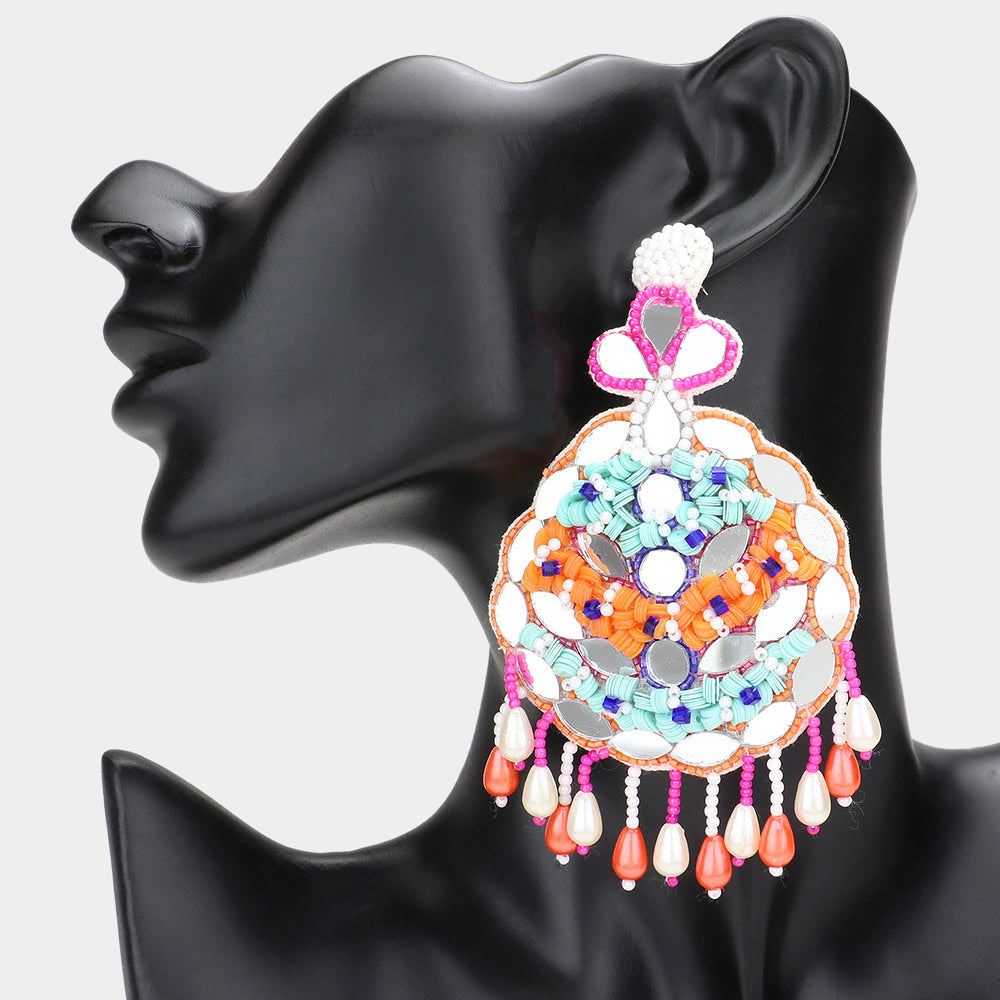 Madeline Love White Faux Leather Back Mirror Boho Sequin Seed Beaded Dangle Earrings