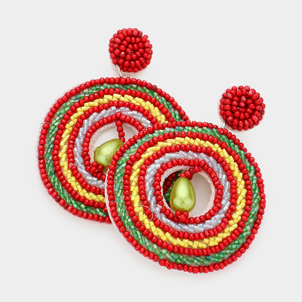 Madeline Love Red Faux Leather Back Pearl Centered Beaded Open Circle Dangle Earrings