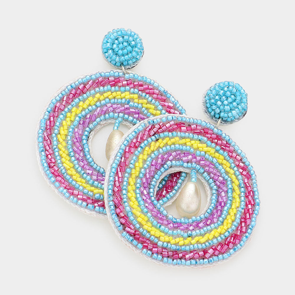 Madeline Love Turquoise Faux Leather Back Pearl Centered Beaded Open Circle Dangle Earrings